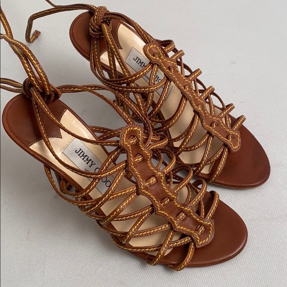 Jimmy Choo cognac tan brown strappy heeled sandals 37 - Picture 3 of 12